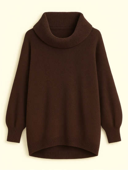 Casual Solid Color Turtleneck Kangaroo Pocket Lantern Sleeve Sweaters for Women