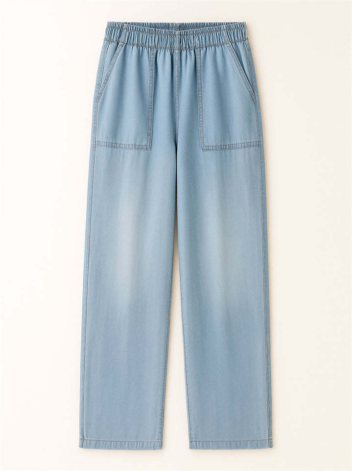 Vintage Solid Color Pockets Elastic Waist Drape Wide Leg Denim Pants
