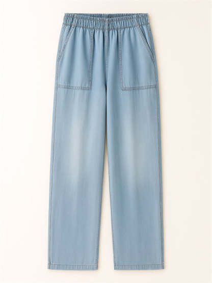 Vintage Solid Color Pockets Elastic Waist Drape Wide Leg Denim Pants