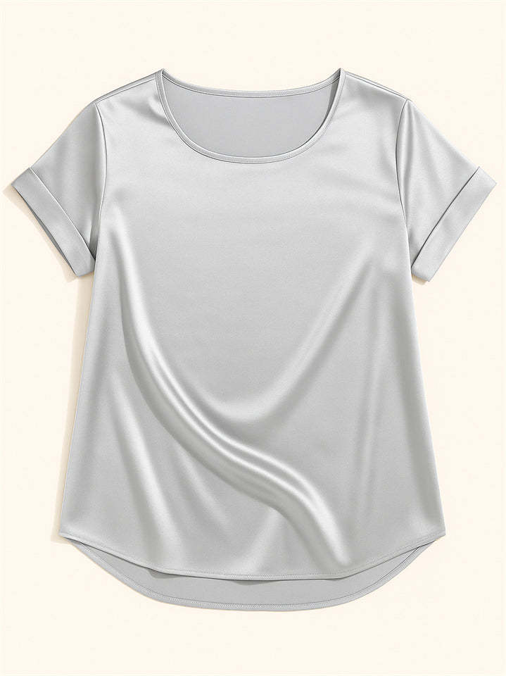 Female's Summer Simple Solid Color Round Neck Short Sleeve Satin Shirts