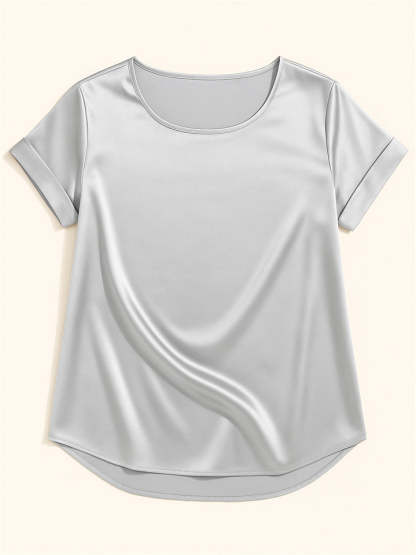 Female's Summer Simple Solid Color Round Neck Short Sleeve Satin Shirts