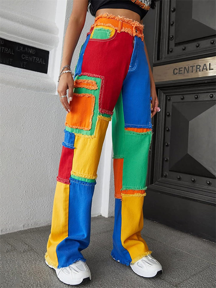 Women's Trendy Color Block Patchwork High Rise Denim Pants