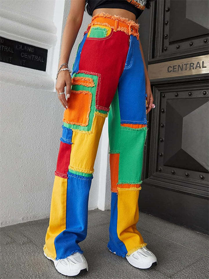 Women's Trendy Color Block Patchwork High Rise Denim Pants