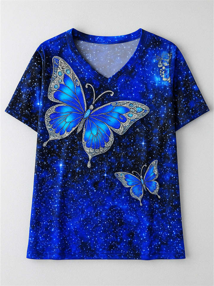 Women's Casual Short-Sleeved V Neck Butterfly Print T-Shirt