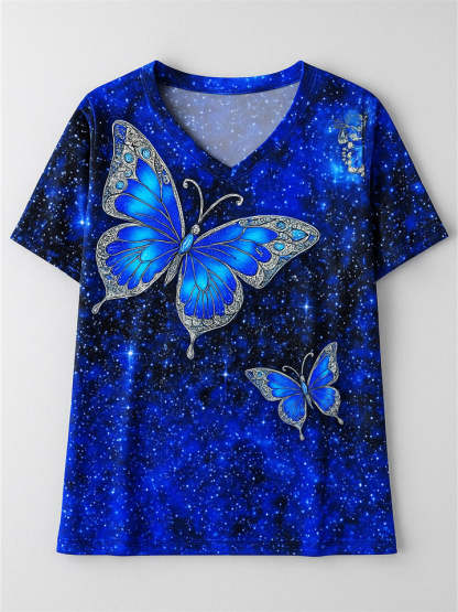 Women's Casual Short-Sleeved V Neck Butterfly Print T-Shirt
