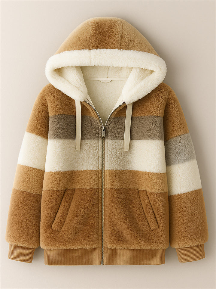 Women's Winter Color Block Cozy Faux Fur Fleece Zip Up Hooded Coat