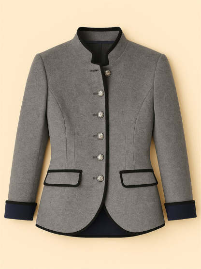 Retro Contrast Trim Stand Collar Single Breasted Long Sleeve Coat for Women