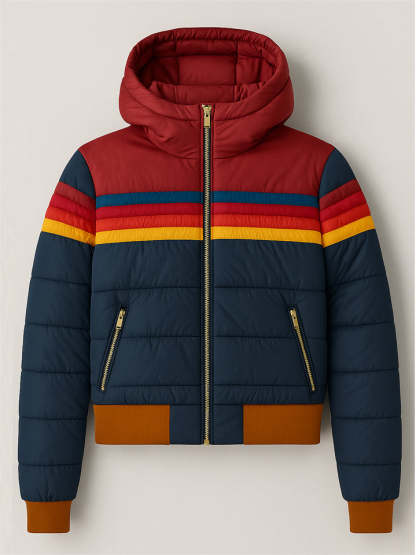 Female's Casual Hooded Contrast Color Striped Waist Length Padded Jacket
