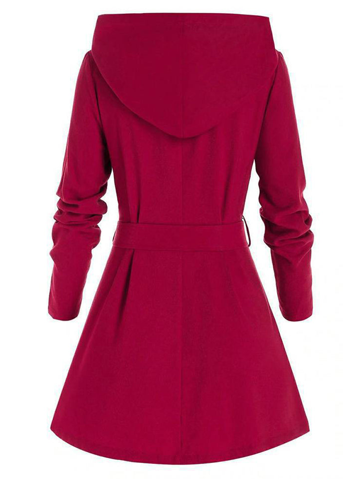 Women's Classic Autumn Belted Pockets Mid Length Hooded Coats