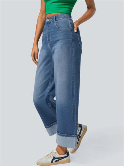 Trendy High Waist Blue Wide Leg Whisker Denim Pants for Women
