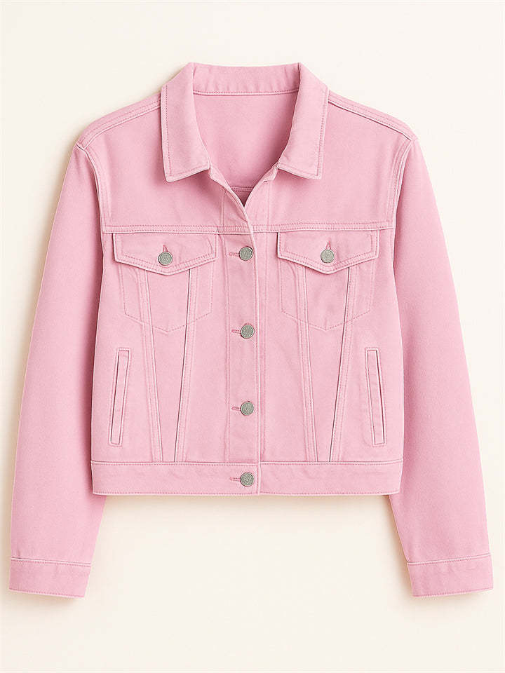 Women's Elegant Chest Pocket Candy Color Lapel Short Denim Jackets