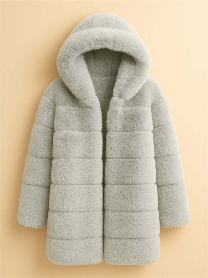Women's Winter Comfortable Faux Fur Zip Up Hooded Midi Length Coats