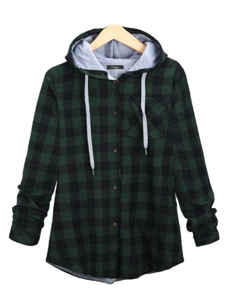Women's Contrasting Plaid Long Sleeve Button Up Hooded Shirts