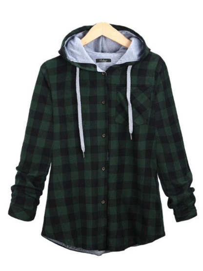 Women's Contrasting Plaid Long Sleeve Button Up Hooded Shirts