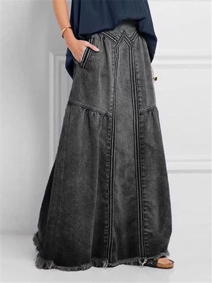 Women's Distressed Solid Color Elastic Waistband Denim Skirt