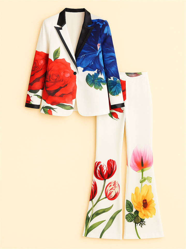 Ladies' Trendy V-Neck Floral Print Suit Jacket & Flared Pants Set