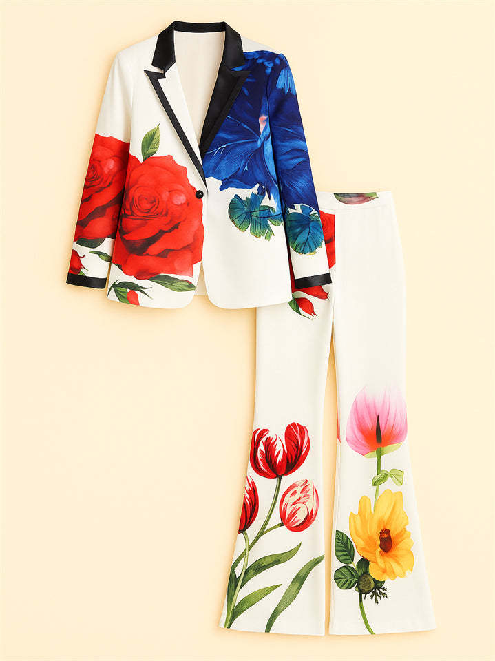 Ladies' Trendy V-Neck Floral Print Suit Jacket & Flared Pants Set