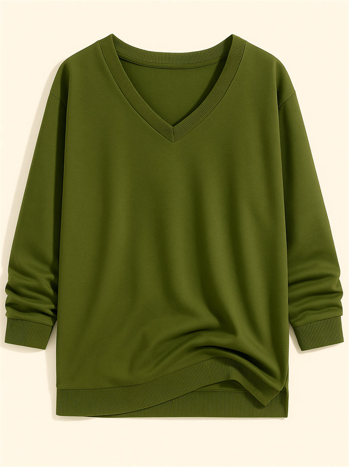 Casual Solid Color V-neck Long-sleeved Pullover Loose Sweatshirts for Women