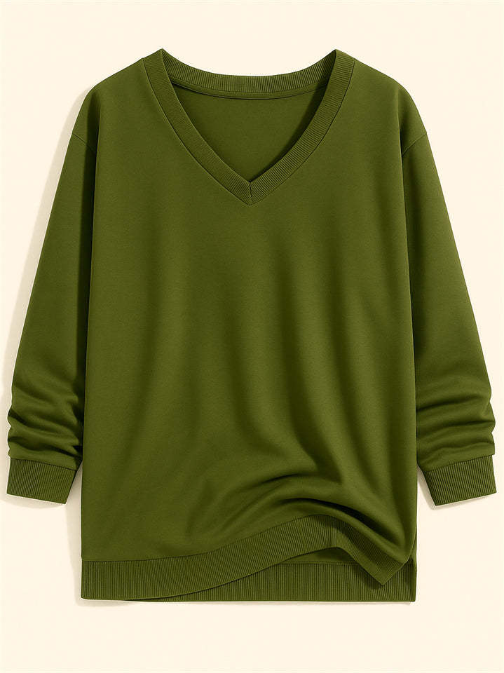 Casual Solid Color V-neck Long-sleeved Pullover Loose Sweatshirts for Women