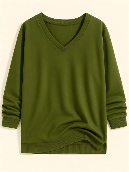 Casual Solid Color V-neck Long-sleeved Pullover Loose Sweatshirts for Women