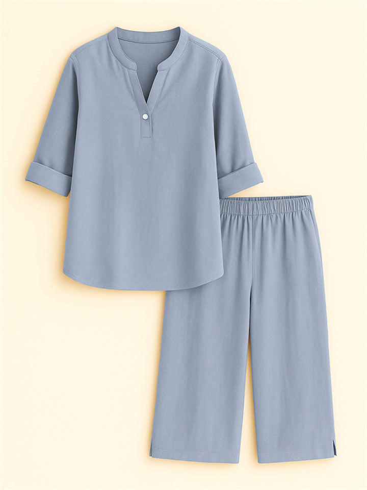 Summer Holiday Style V Neck Solid Color Top & Shorts Set for Women