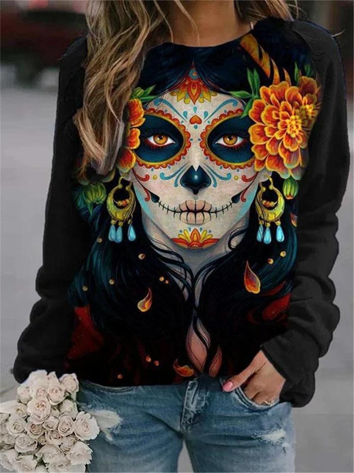 Women's Halloween Style Printed Black Long Sleeve Shirts