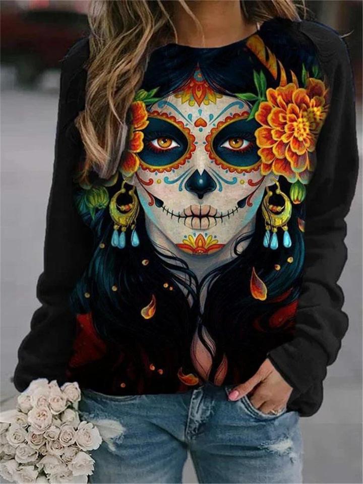 Women's Halloween Style Printed Black Long Sleeve Shirts