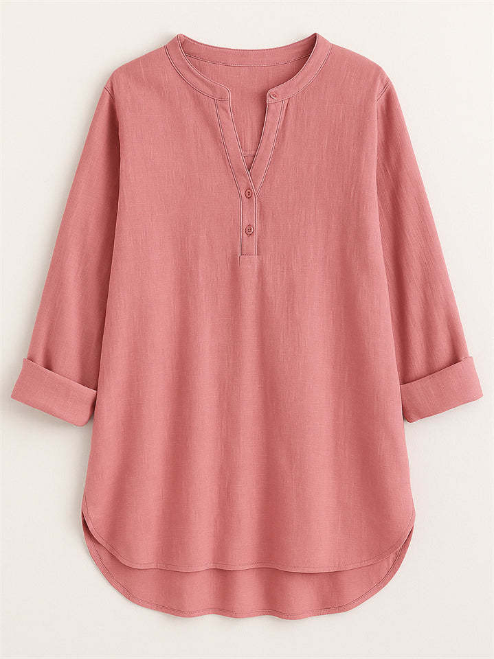Women's Summer Solid Color Holiday Style V Neck Long Sleeve Shirt