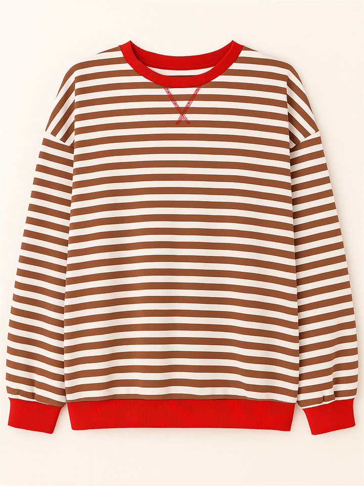 Women's Autumn Stylish Long Sleeved Contrast Color Striped Sweatshirts