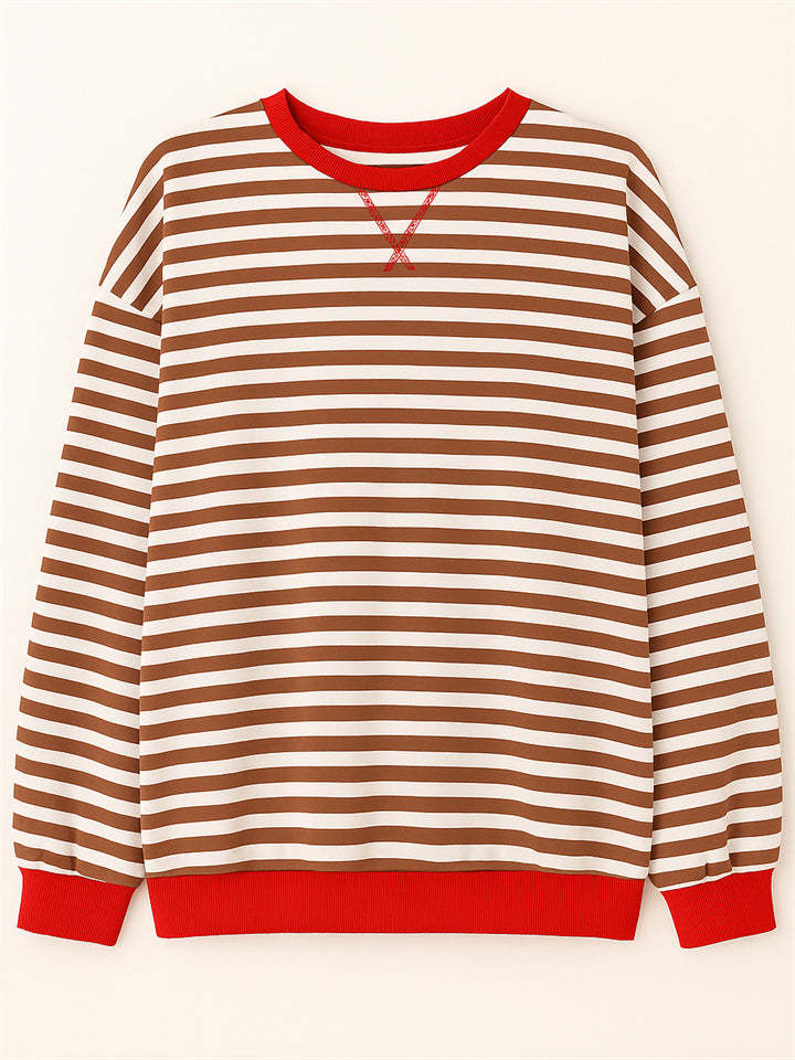Women's Autumn Stylish Long Sleeved Contrast Color Striped Sweatshirts