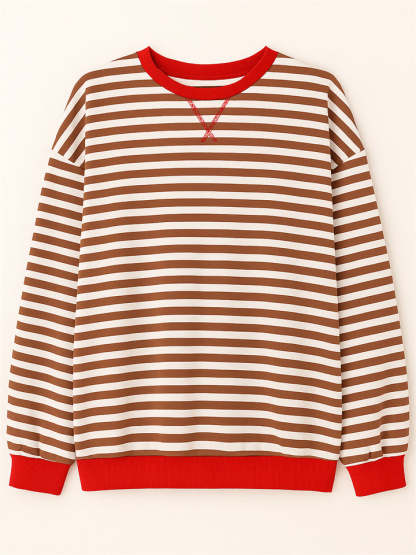 Women's Autumn Stylish Long Sleeved Contrast Color Striped Sweatshirts