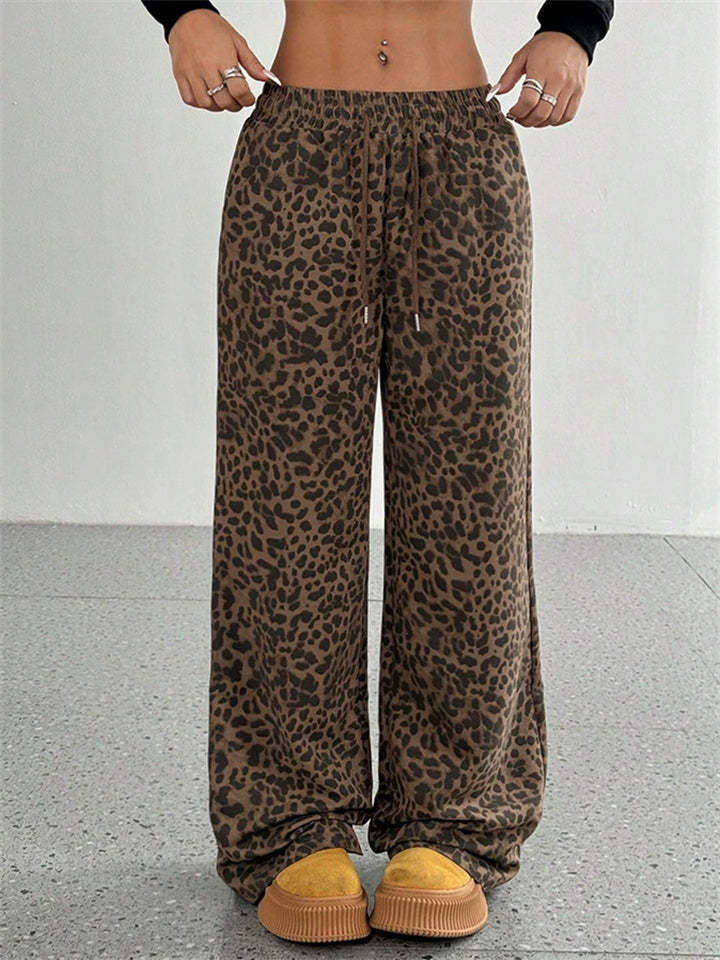 Women's Classic Street Style Leopard Printed Drawstring Wide-leg Pants