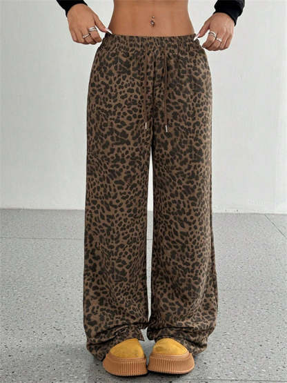 Women's Classic Street Style Leopard Printed Drawstring Wide-leg Pants