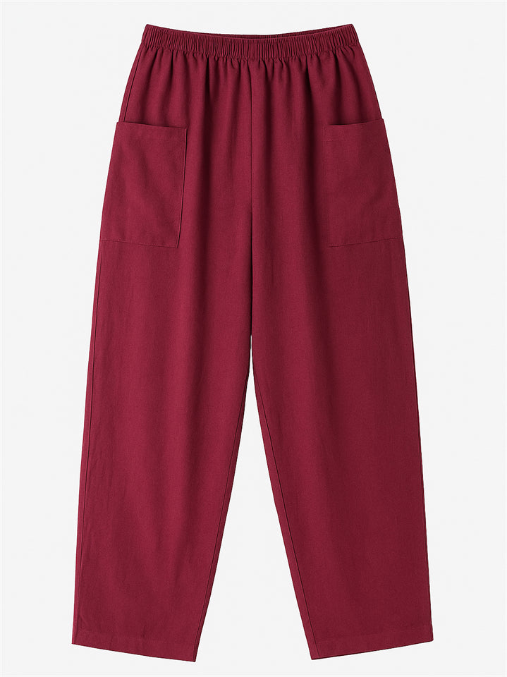 Women's Simple Solid Color Elastic High Waist Pants with Pockets