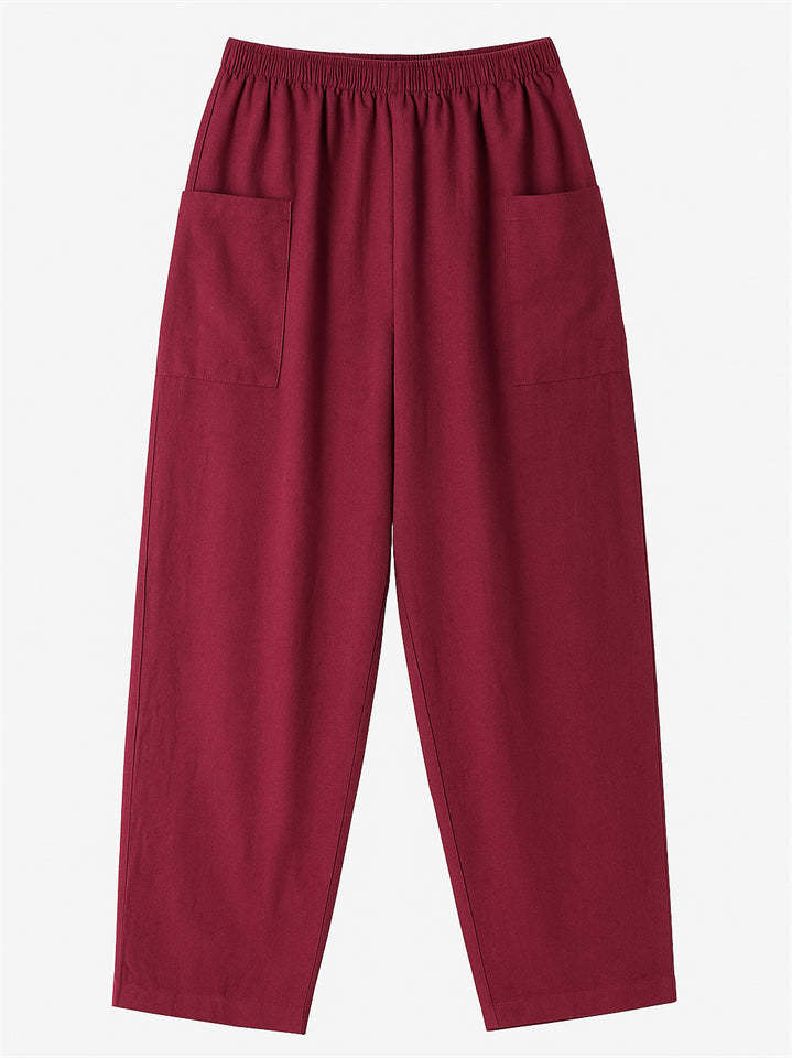 Women's Simple Solid Color Elastic High Waist Pants with Pockets
