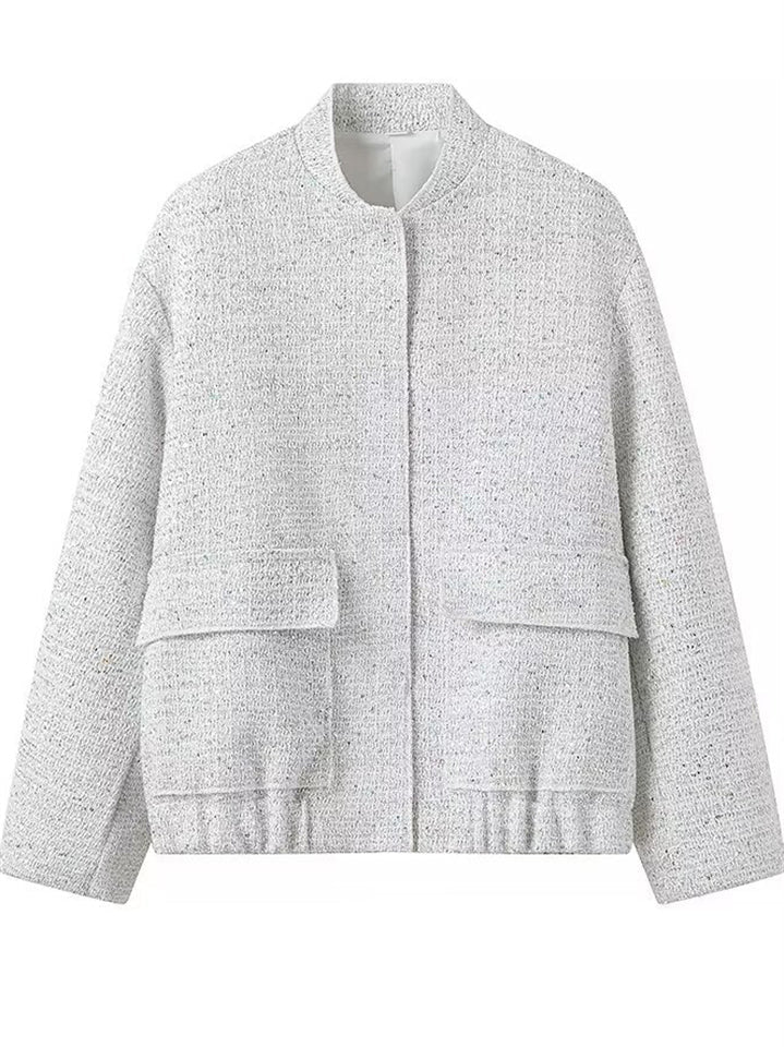 Trendy Bling Sequined Button Up Stand Collar Coat with Pockets