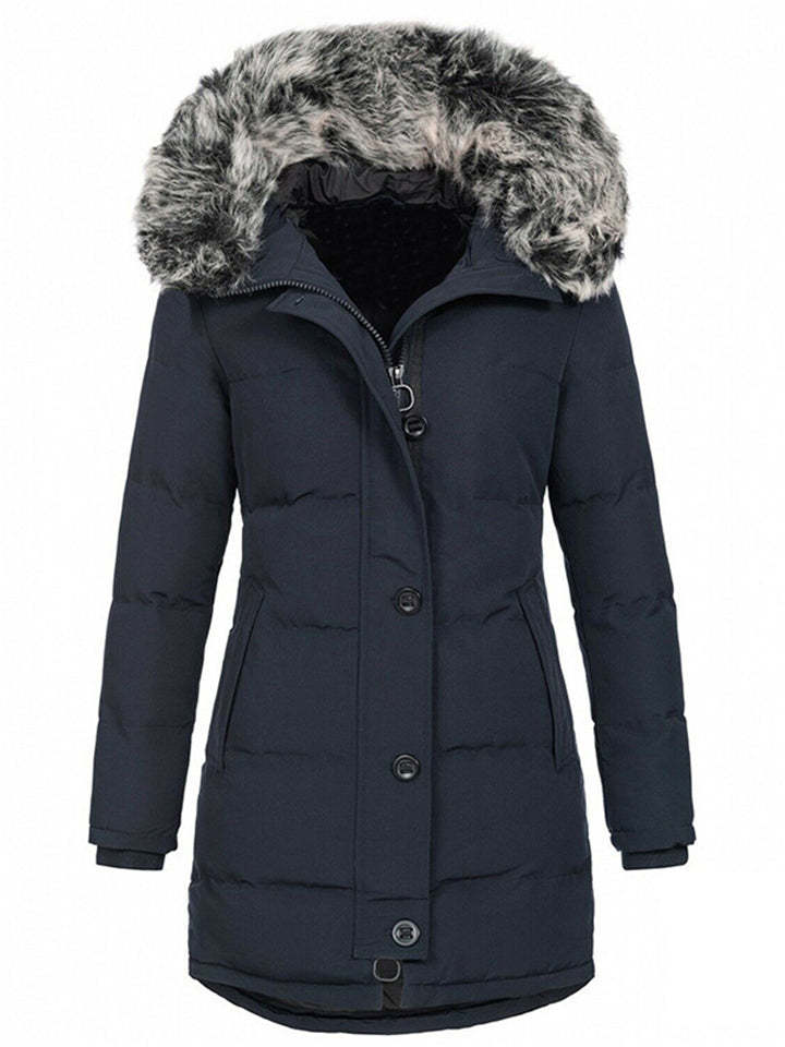Women's Winter Solid Color Mid-Length Padded Coat with Faux Fur Hood