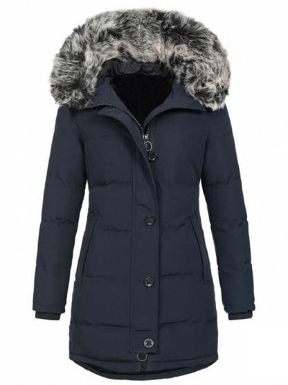 Women's Winter Solid Color Mid-Length Padded Coat with Faux Fur Hood
