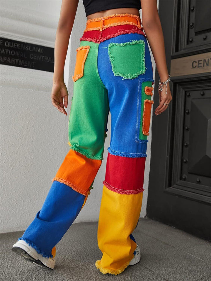 Women's Trendy Color Block Patchwork High Rise Denim Pants