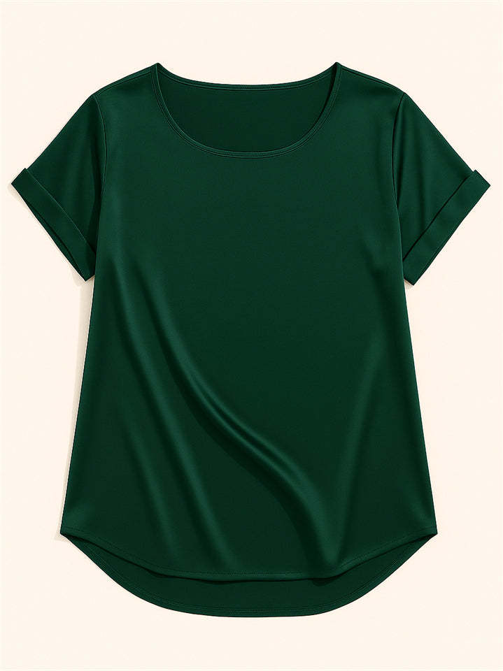 Female's Summer Simple Solid Color Round Neck Short Sleeve Satin Shirts