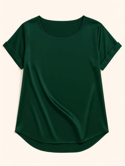 Female's Summer Simple Solid Color Round Neck Short Sleeve Satin Shirts
