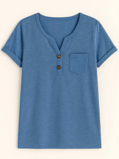 Women's Summer Casual V Neck Buttons Pullover Short Sleeve Shirts