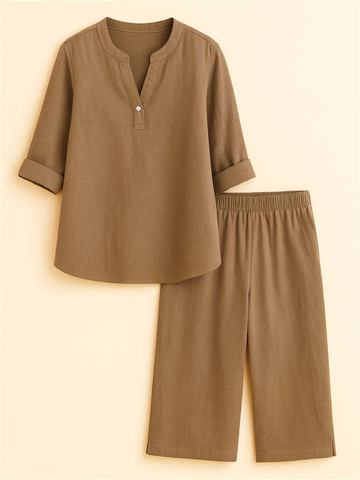 Summer Holiday Style V Neck Solid Color Top & Shorts Set for Women
