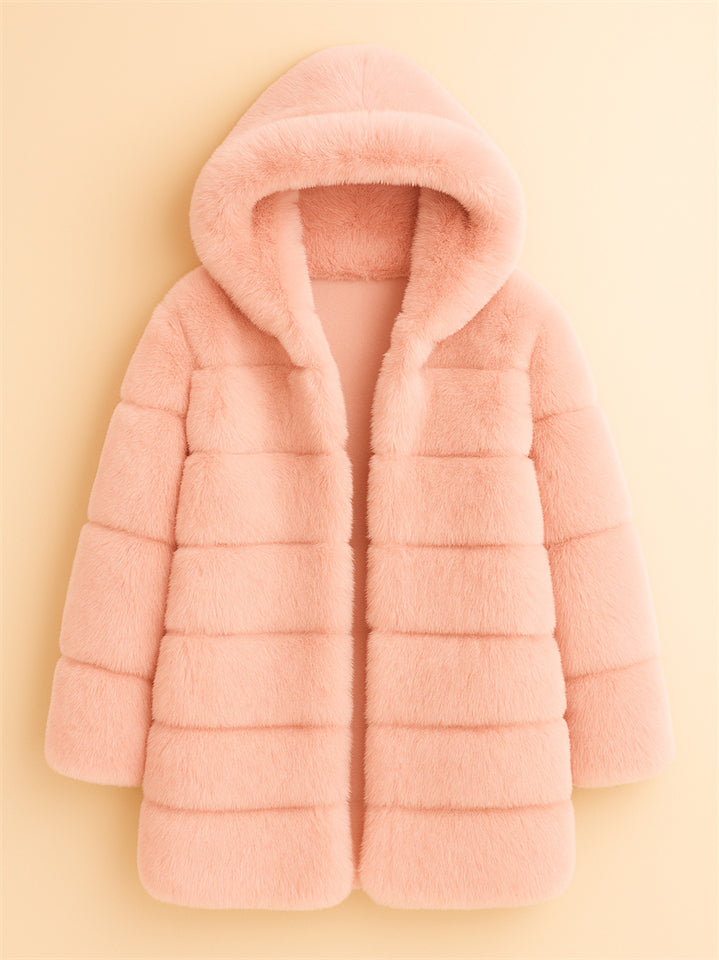 Women's Winter Comfortable Faux Fur Zip Up Hooded Midi Length Coats