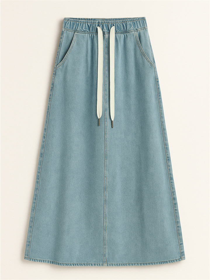 Women's Casual Drawstring Elastic Waist  A-Line Denim Skirt