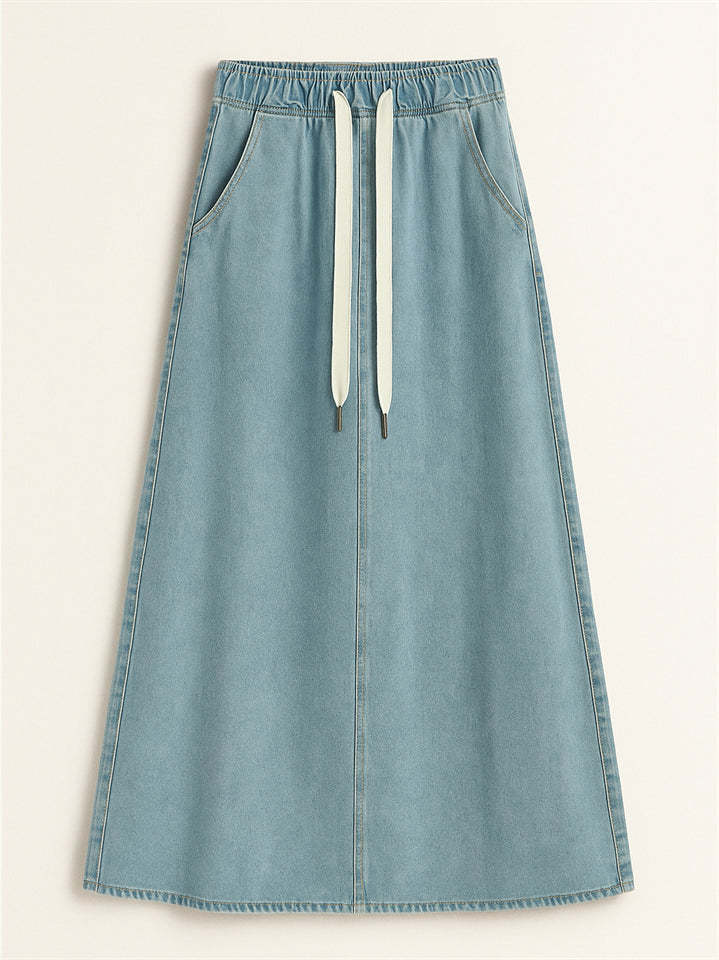 Women's Casual Drawstring Elastic Waist  A-Line Denim Skirt