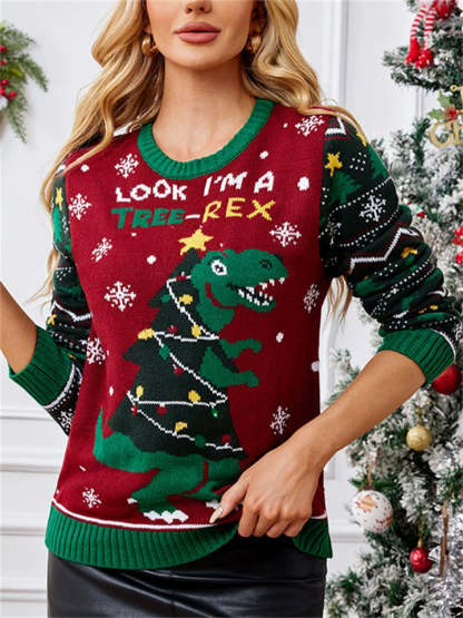 Women's Autumn Creative Dinosaur Jacquard Round Neck Pullover Christmas Sweaters