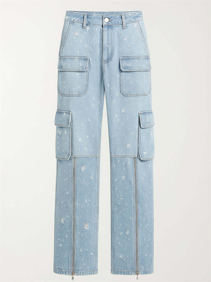Trendy Women's Blue Wide Leg Cargo Ripped Denim Pants