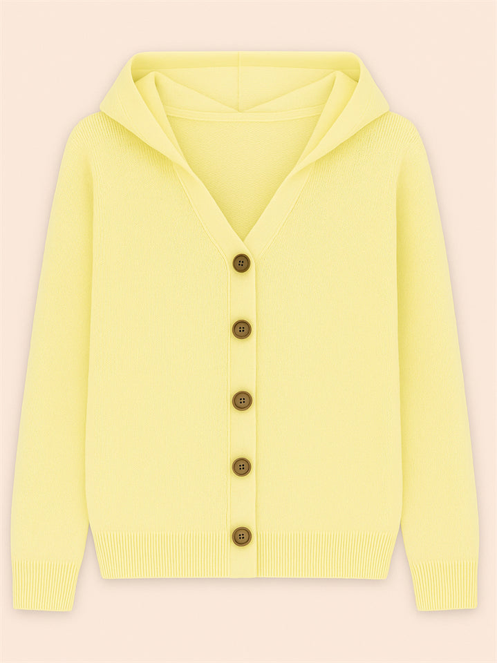 Autumn Candy Color Button Up Long Sleeve Hooded Sweaters for Women