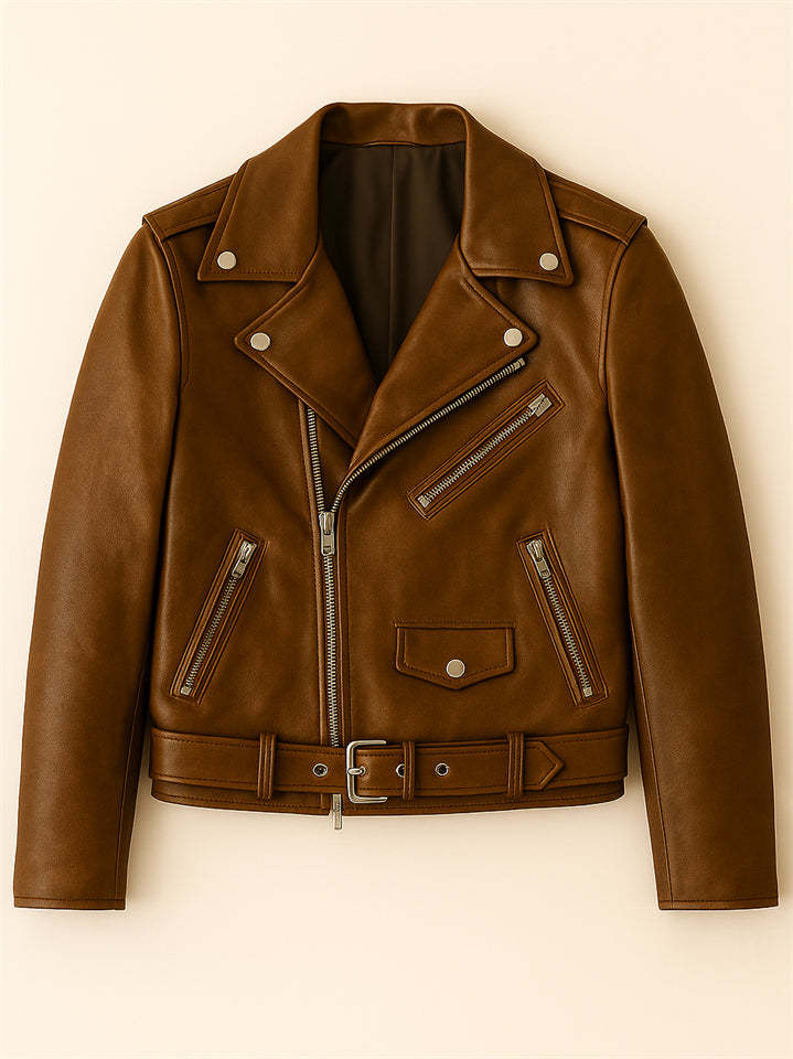 Trendy Solid Color PU Leather Zip Up Motorcycle Jacket for Women